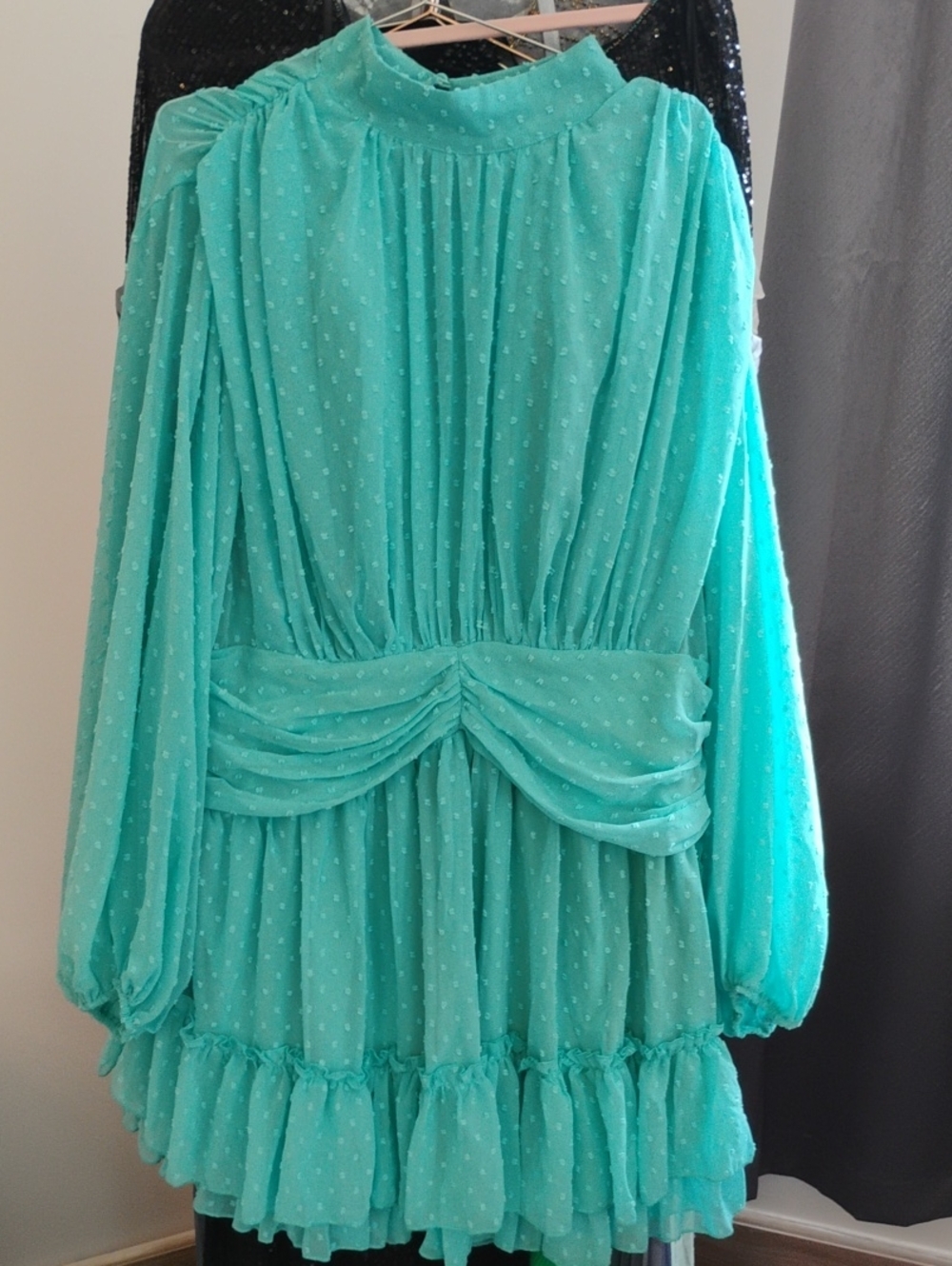 Aqua Textured Swiss Dot Long Sleeve Mini Dress